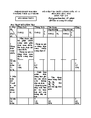 Đề kiểm tra chất lượng giữa kì 2 Vật lí Lớp 9 - Năm học 2022-2023 - Trường THCS Lai Thành (Có ma trận và đáp án)