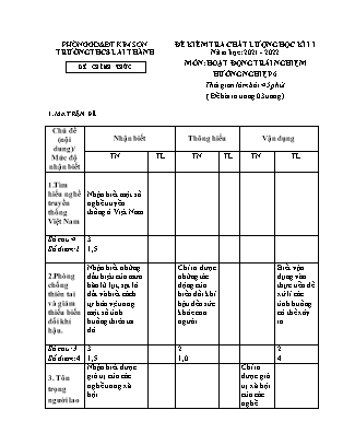 Đề kiểm tra chất lượng học kì 1 Hoạt động trải nghiệm, hướng nghiệp Lớp 6 - Năm học 2021-2022 - Trường THCS Lai Thành (Có ma trận và đáp án)