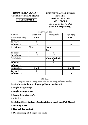 Đề kiểm tra chất lượng học kì 2 Giáo dục địa phương Lớp 6 - Năm học 2021-2022 - Trường THCS Lai Thành (Có ma trận và đáp án)