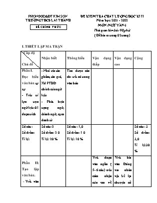 Đề kiểm tra chất lượng học kì 2 Ngữ văn Lớp 6 - Năm học 2021-2022 - Trường THCS Lai Thành (Có ma trận và đáp án)