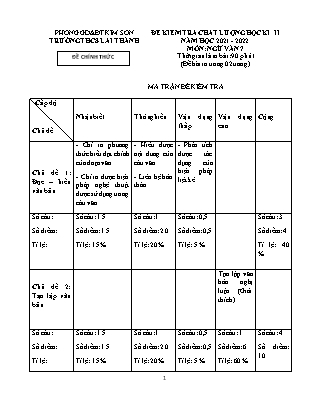 Đề kiểm tra chất lượng học kì 2 Ngữ văn Lớp 7 - Năm học 2021-2022 - Trường THCS Lai Thành (Có ma trận và đáp án)