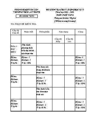Đề kiểm tra chất lượng học kì 2 Ngữ văn Lớp 8 - Năm học 2021-2022 - Trường THCS Lai Thành (Có ma trận và đáp án)