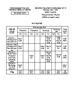 Đề kiểm tra chất lượng học kì 2 Toán Lớp 8 - Năm học 2021-2022 - Trường THCS Lai Thành (Có ma trận và đáp án)