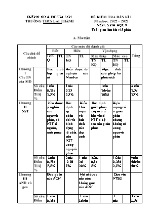 Đề kiểm tra giữa kì 1 Sinh học Lớp 9 - Năm học 2022-2023 - Trường THCS Lai Thành (Có ma trận và đáp án)