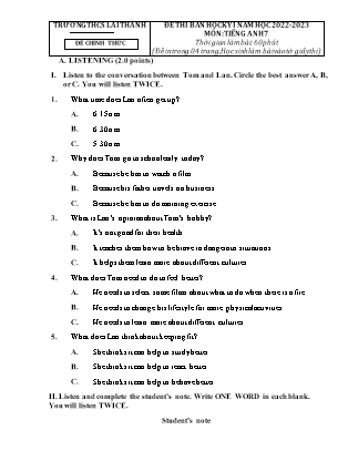 Đề kiểm tra giữa kì 1 Tiếng Anh Lớp 7 - Năm học 2022-2023 - Trường THCS Lai Thành (Có file nghe và đáp án)