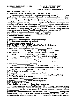Đề kiểm tra giữa kì 1 Tiếng Anh Lớp 8 - Năm học 2022-2023 - Trường THCS Lai Thành (Có đáp án)