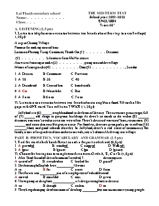 Đề kiểm tra giữa kì 1 Tiếng Anh Lớp 9 - Năm học 2022-2023 - Trường THCS Lai Thành (Có file nghe, ma trận và đáp án)
