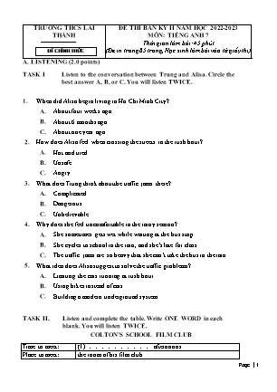 Đề kiểm tra giữa kì 2 Tiếng Anh Lớp 7 - Năm học 2022-2023 - Trường THCS Lai Thành (Có file nghe và đáp án)