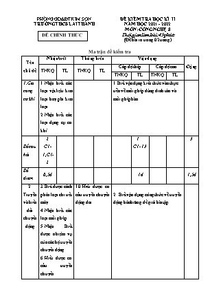 Đề kiểm tra học kì 2 Công nghệ Lớp 8 - Năm học 2021-2022 - Trường THCS Lai Thành (Có ma trận và đáp án)