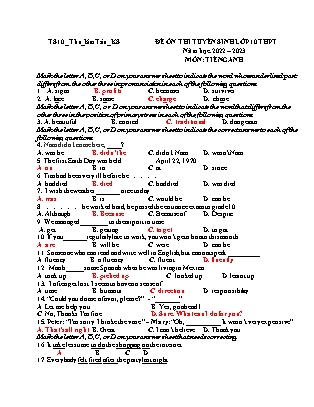 Đề ôn thi tuyển sinh vào Lớp 10 môn Tiếng Anh - Năm học 2022-2023 - Trường THCS Kim Tân (Có đáp án)