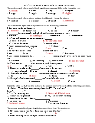 Đề ôn thi tuyển sinh vào Lớp 10 môn Tiếng Anh - Năm học 2022-2023 - Trường THCS Liên Sơn (Có đáp án)