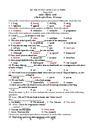 Đề ôn thi tuyển sinh vào Lớp 10 môn Tiếng Anh - Năm học 2022-2023 - Trường THCS Hùng Tiến (Có đáp án)