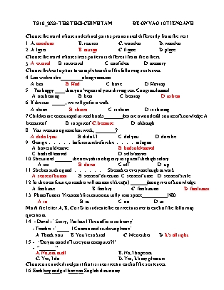 Đề ôn thi tuyển sinh vào Lớp 10 môn Tiếng Anh - Năm học 2022-2023 - Trường THCS Chính Tâm (Có đáp án)