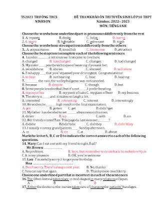 Đề ôn thi tuyển sinh vào Lớp 10 THPT môn Tiếng Anh (Đại trà) - Đề 2 - Năm học 2022-2023 - Trường THCS Ninh Sơn (Có đáp án)