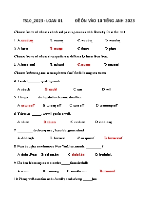 Đề ôn thi vào 10 môn Tiếng Anh - Đề LL 01 - Năm học 2022-2023 (Có đáp án)