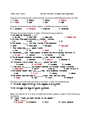 Đề ôn thi vào 10 môn Tiếng Anh - Năm học 2022-2023 - Trường THCS Yên Thành (Có đáp án)