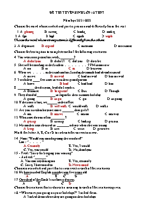 Đề ôn thi vào Lớp 10 môn Tiếng Anh - Năm học 2022-2023 - Trường THCS Khánh Thịnh (Có đáp án)