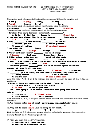 Đề ôn thi vào Lớp 10 môn Tiếng Anh - Năm học 2022-2023 - Trường THCS Yên Nhân (Có đáp án)