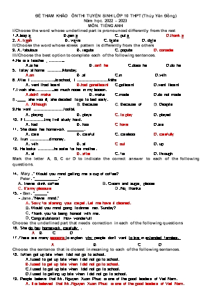 Đề ôn thi vào Lớp 10 môn Tiếng Anh - Năm học 2022-2023 - Trường THCS Yên Đồng (Có đáp án)
