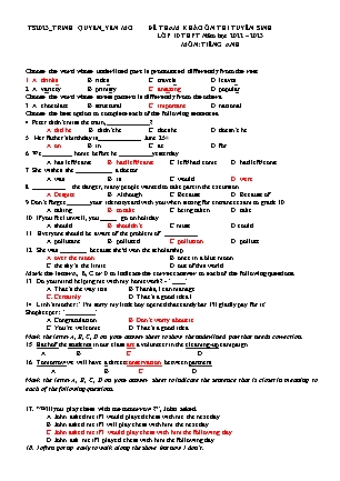 Đề tham khảo ôn thi tuyển sinh vào Lớp 10 THPT môn Tiếng Anh - Năm học 2022-2023 - Trường THCS Yên Nhân (Có đáp án)