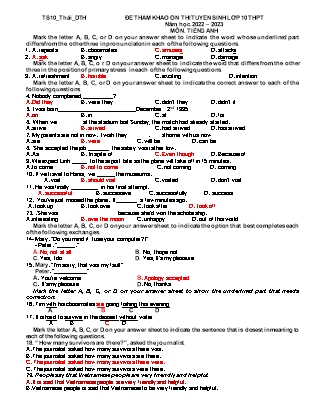 Đề tham khảo ôn thi tuyển sinh vào Lớp 10 THPT môn Tiếng Anh - Đề: DTH 01 - Năm học 2022-2023 (Có đáp án)