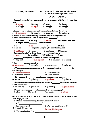 Đề tham khảo ôn thi tuyển sinh vào Lớp 10 THPT môn Tiếng Anh - Năm học 2022-2023 - Trường THCS Văn Phú (Có đáp án)