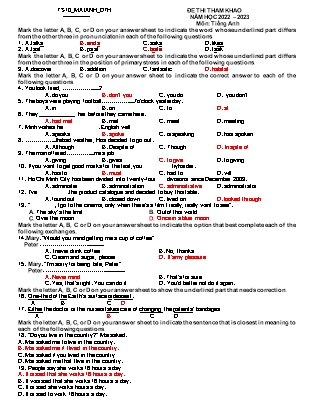 Đề tham khảo ôn thi tuyển sinh vào Lớp 10 THPT môn Tiếng Anh - Đề: DTH 02 - Năm học 2022-2023 (Có đáp án)