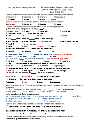 Đề tham khảo ôn thi tuyển sinh vào Lớp 10 THPT môn Tiếng Anh - Năm học 2022-2023 - Trường THCS Khánh Dương (Có đáp án)