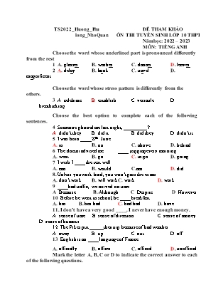 Đề tham khảo ôn thi tuyển sinh vào Lớp 10 THPT môn Tiếng Anh - Năm học 2022-2023 - Trường THCS Hương Phù (Có đáp án)