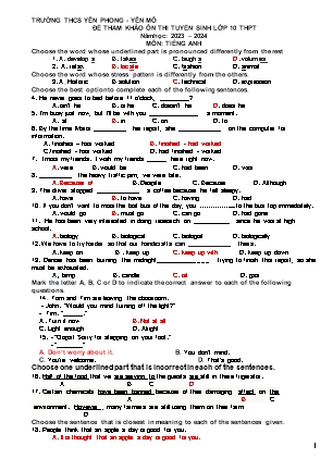 Đề tham khảo ôn thi tuyển sinh vào Lớp 10 THPT môn Tiếng Anh - Năm học 2022-2023 - Trường THCS Yên Phong (Có đáp án)