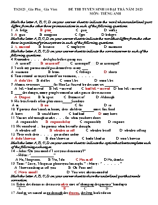 Đề tham khảo ôn thi vào Lớp 10 THPT môn Tiếng Anh - Năm học 2022-2023 - Trường THCS Gia Thịnh (Có đáp án)