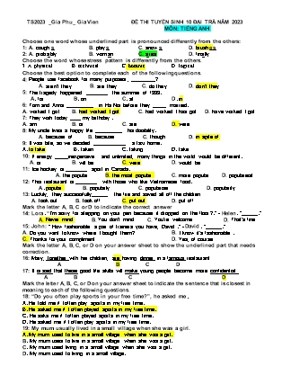 Đề tham khảo ôn thi vào Lớp 10 THPT môn Tiếng Anh - Năm học 2022-2023 - Trường THCS Gia Phú (Có đáp án)