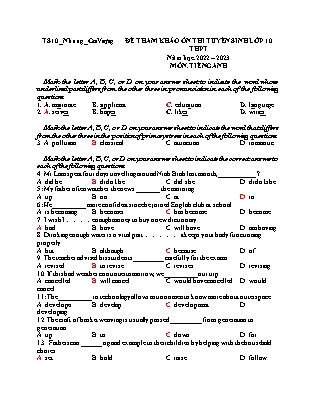 Đề tham khảo ôn thi vào Lớp 10 THPT môn Tiếng Anh - Năm học 2022-2023 - Trường THCS Gia Vượn (Có đáp án)