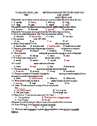 Đề tham khảo ôn thi vào Lớp 10 THPT môn Tiếng Anh - Năm học 2022-2023 - Trường THCS Gia Xuân (Có đáp án)