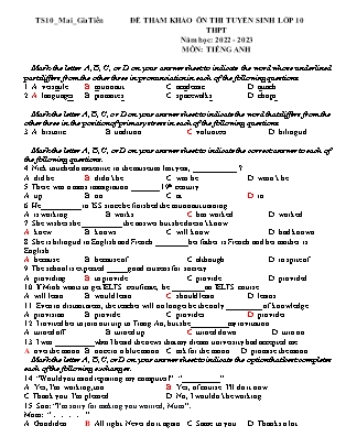 Đề tham khảo ôn thi vào Lớp 10 THPT môn Tiếng Anh - Năm học 2022-2023 - Trường THCS Gia Tiến (Có đáp án)