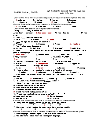 Đề tham khảo ôn thi vào Lớp 10 THPT môn Tiếng Anh - Năm học 2022-2023 - Trường THCS Gia Lạc (Có đáp án)