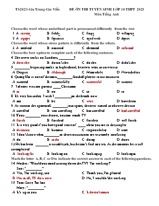 Đề tham khảo ôn thi vào Lớp 10 THPT môn Tiếng Anh - Năm học 2022-2023 - Trường THCS Gia Trung (Có đáp án)