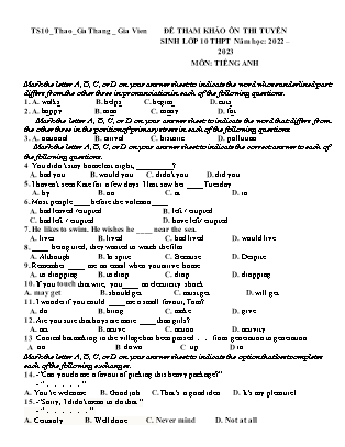 Đề tham khảo ôn thi vào Lớp 10 THPT môn Tiếng Anh - Năm học 2022-2023 - Trường THCS Gia Thắng (Có đáp án)