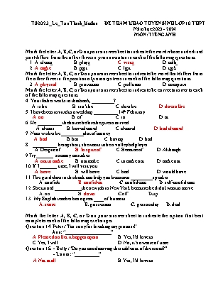 Đề tham khảo ôn thi vào Lớp 10 THPT môn Tiếng Anh - Năm học 2022-2023 - Trường THCS Tân Thành (Có đáp án)