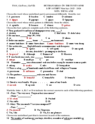 Đề tham khảo ôn thi vào Lớp 10 THPT môn Tiếng Anh - Năm học 2022-2023 - Trường THCS Gia Trấn (Có đáp án)