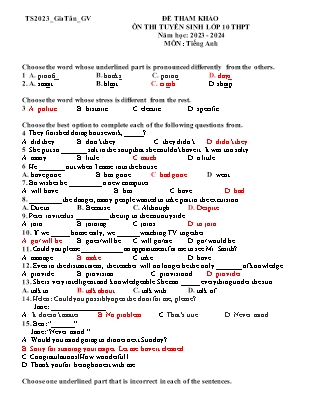 Đề tham khảo ôn thi vào Lớp 10 THPT môn Tiếng Anh - Năm học 2022-2023 - Trường THCS Gia Tân (Có đáp án)