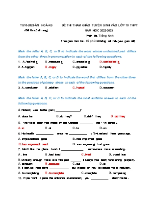 Đề tham khảo ôn thi vào Lớp 10 THPT môn Tiếng Anh - Năm học 2022-2023 - Trường THCS Ân Hòa (Có đáp án)