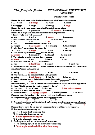 Đề tham khảo ôn thi vào Lớp 10 THPT môn Tiếng Anh - Năm học 2022-2023 - Trường THCS Thượng Kiệm (Có đáp án)