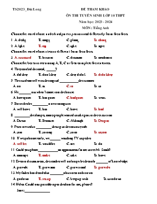 Đề tham khảo tuyển sinh vào Lớp 10 THPT môn Tiếng Anh - Năm học 2022-2023 - Trường THCS Đức Long (Có đáp án)