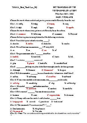 Đề tham khảo tuyển sinh vào Lớp 10 THPT môn Tiếng Anh - Năm học 2022-2023 - Trường THCS Thanh Lạc (Có đáp án)