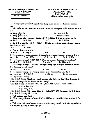 Đề thi chất lượng giữa kì 1 Vật lí Lớp 9 - Năm học 2021-2022 - Trường THCS Lai Thành (Có đáp án)