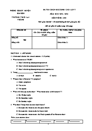 Đề thi chọn học sinh giỏi Tiếng Anh Lớp 7 - Năm học 2022-2023 - Trường THCS Lai Thành (Có đáp án)