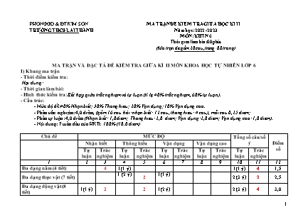 Đề thi kiểm tra giữa học kì 2 Khoa học tự nhiên Lớp 6 - Năm học 2022-2023 - Trường THCS Lai Thành (Có ma trận và đáp án)