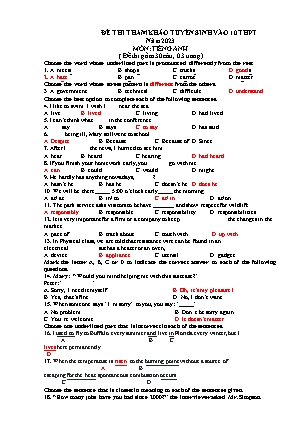 Đề thi tham khảo tuyển sinh vào Lớp 10 THPT môn Tiếng Anh - Đề NBBL02 - Năm học 2022-2023 (Có đáp án)