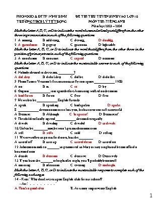Đề thi thử tuyển sinh vào Lớp 10 THPT môn Tiếng Anh (Lần 1) - Năm học 2022-2023 - Trường THCS Lý Tự Trọng (Có đáp án)